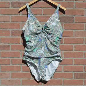 Alex Marie Women's Onepiece Blousone Paisely Bluegreen Swimsuit Size 12